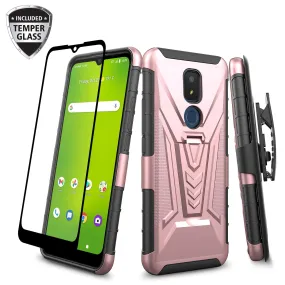 For Cricket Icon 3 (3rd Version) | At&t Motivate 2 (2nd) | Cricket Splendor Case with Tempered Glass Screen Protector Heavy Duty Protective Phone Case,Built-in Kickstand Rugged Shockproof Protective Phone Case - Rose Gold