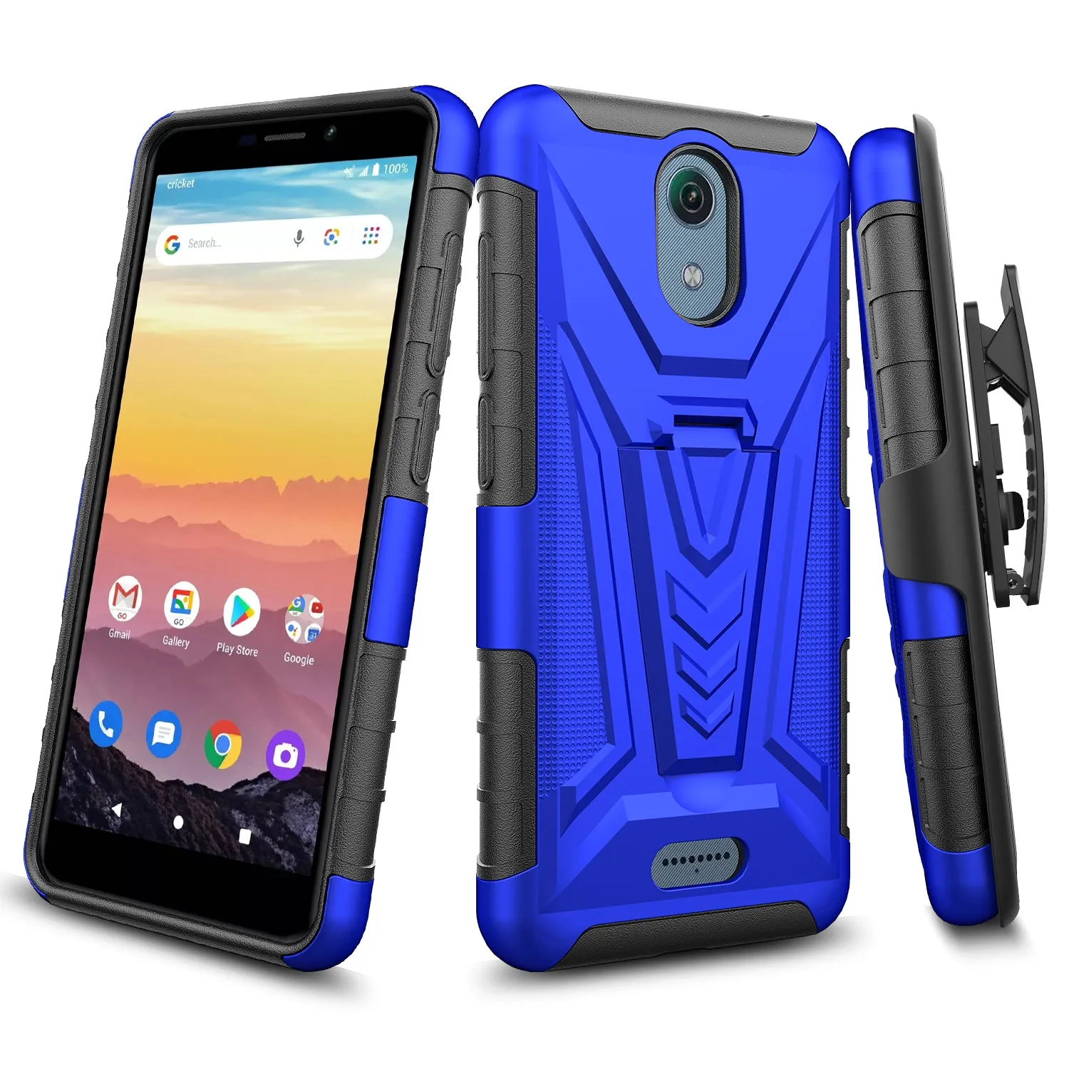 For Cricket Vision 3 /AT&T Calypso (U318AA) Case with Tempered Glass Screen Protector Heavy Duty Protective Phone Case,Built-in Kickstand Rugged Shockproof Protective Phone Case - Blue