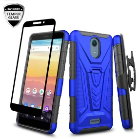 For Cricket Vision 3 /AT&T Calypso (U318AA) Case with Tempered Glass Screen Protector Heavy Duty Protective Phone Case,Built-in Kickstand Rugged Shockproof Protective Phone Case - Blue