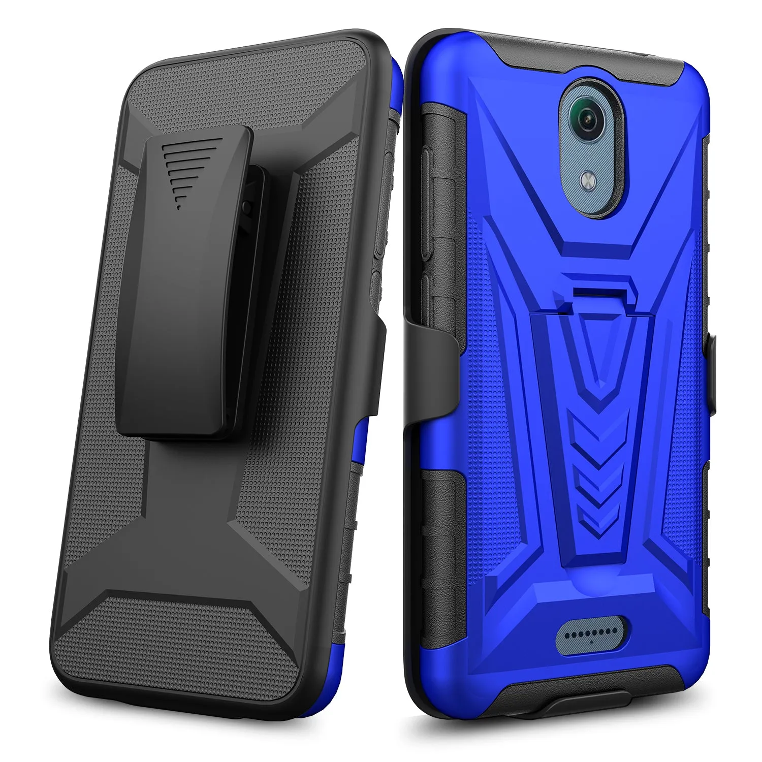 For Cricket Vision 3 /AT&T Calypso (U318AA) Case with Tempered Glass Screen Protector Heavy Duty Protective Phone Case,Built-in Kickstand Rugged Shockproof Protective Phone Case - Blue