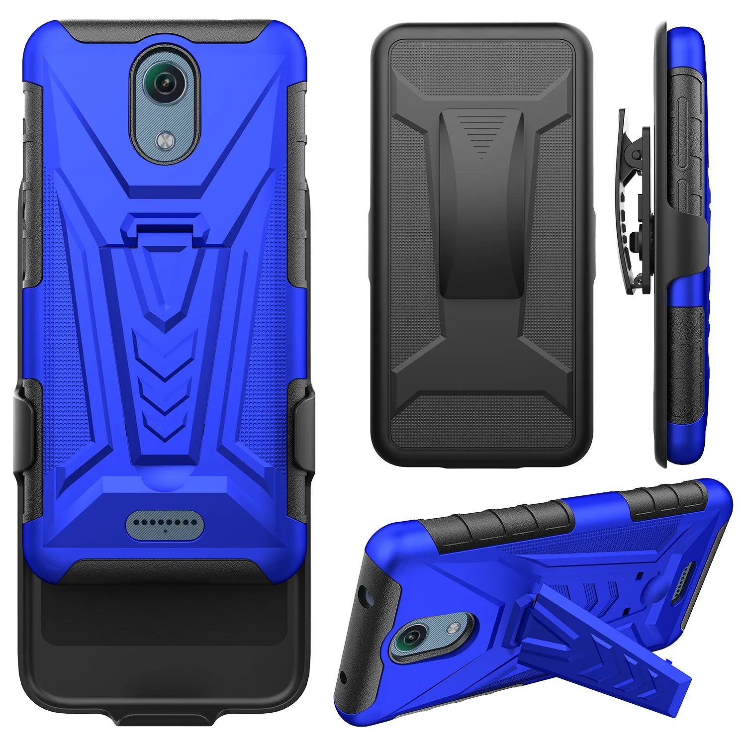 For Cricket Vision 3 /AT&T Calypso (U318AA) Case with Tempered Glass Screen Protector Heavy Duty Protective Phone Case,Built-in Kickstand Rugged Shockproof Protective Phone Case - Blue