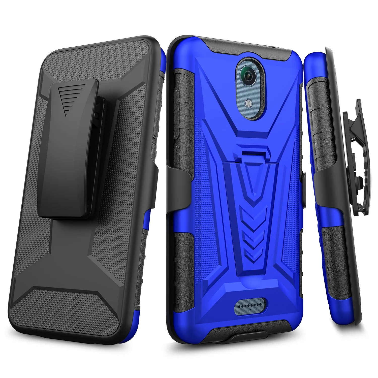 For Cricket Vision 3 /AT&T Calypso (U318AA) Case with Tempered Glass Screen Protector Heavy Duty Protective Phone Case,Built-in Kickstand Rugged Shockproof Protective Phone Case - Blue