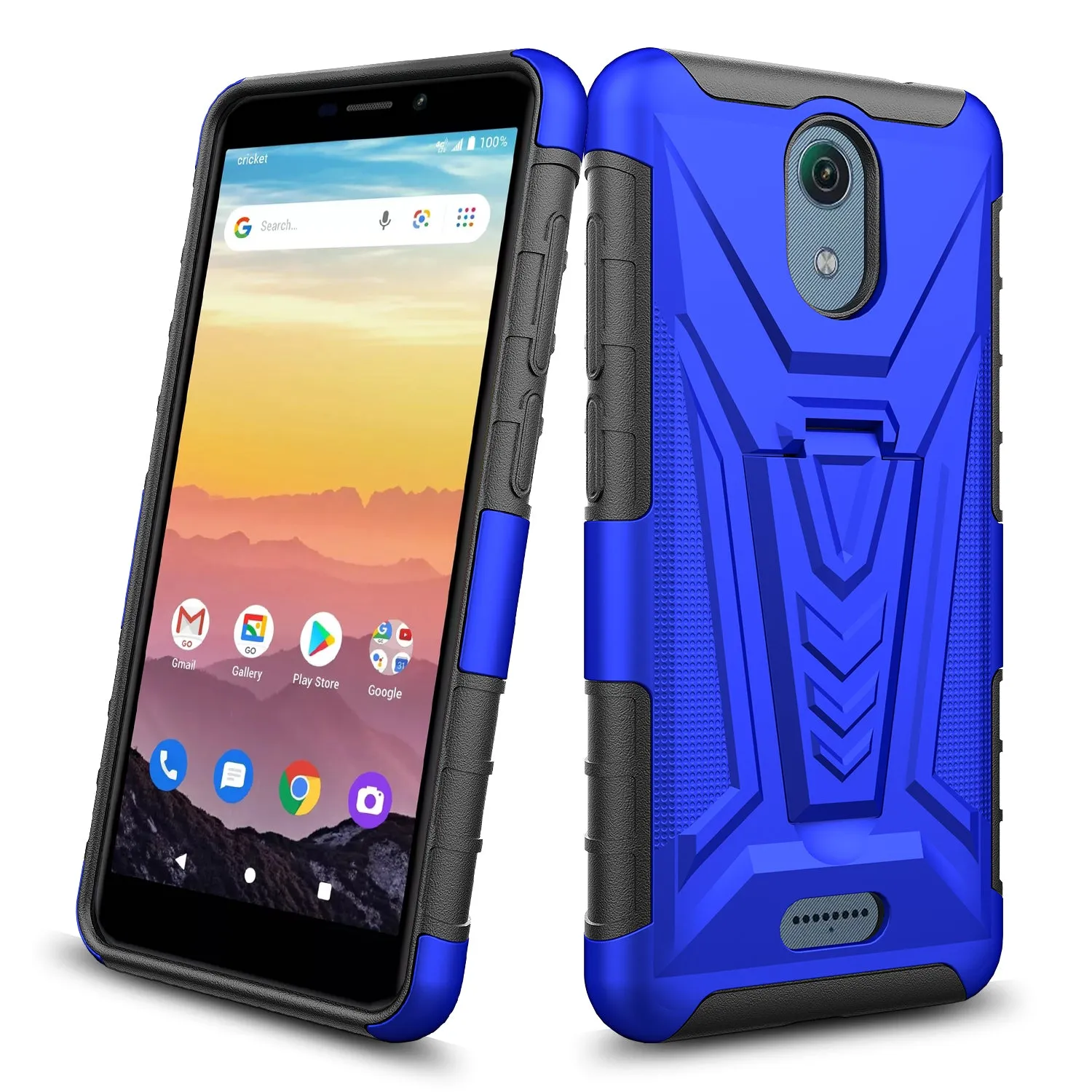 For Cricket Vision 3 /AT&T Calypso (U318AA) Case with Tempered Glass Screen Protector Heavy Duty Protective Phone Case,Built-in Kickstand Rugged Shockproof Protective Phone Case - Blue