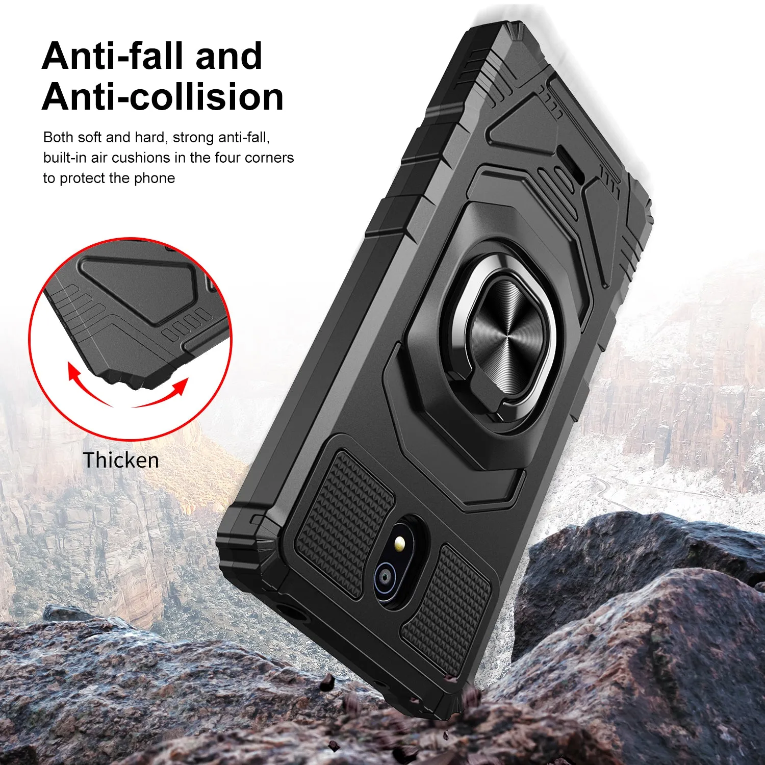 For Nokia C100 Case [Military Grade] Ring Car Mount Kickstand w/[Tempered Glass] Hybrid Hard PC Soft TPU Shockproof Protective Case - Black