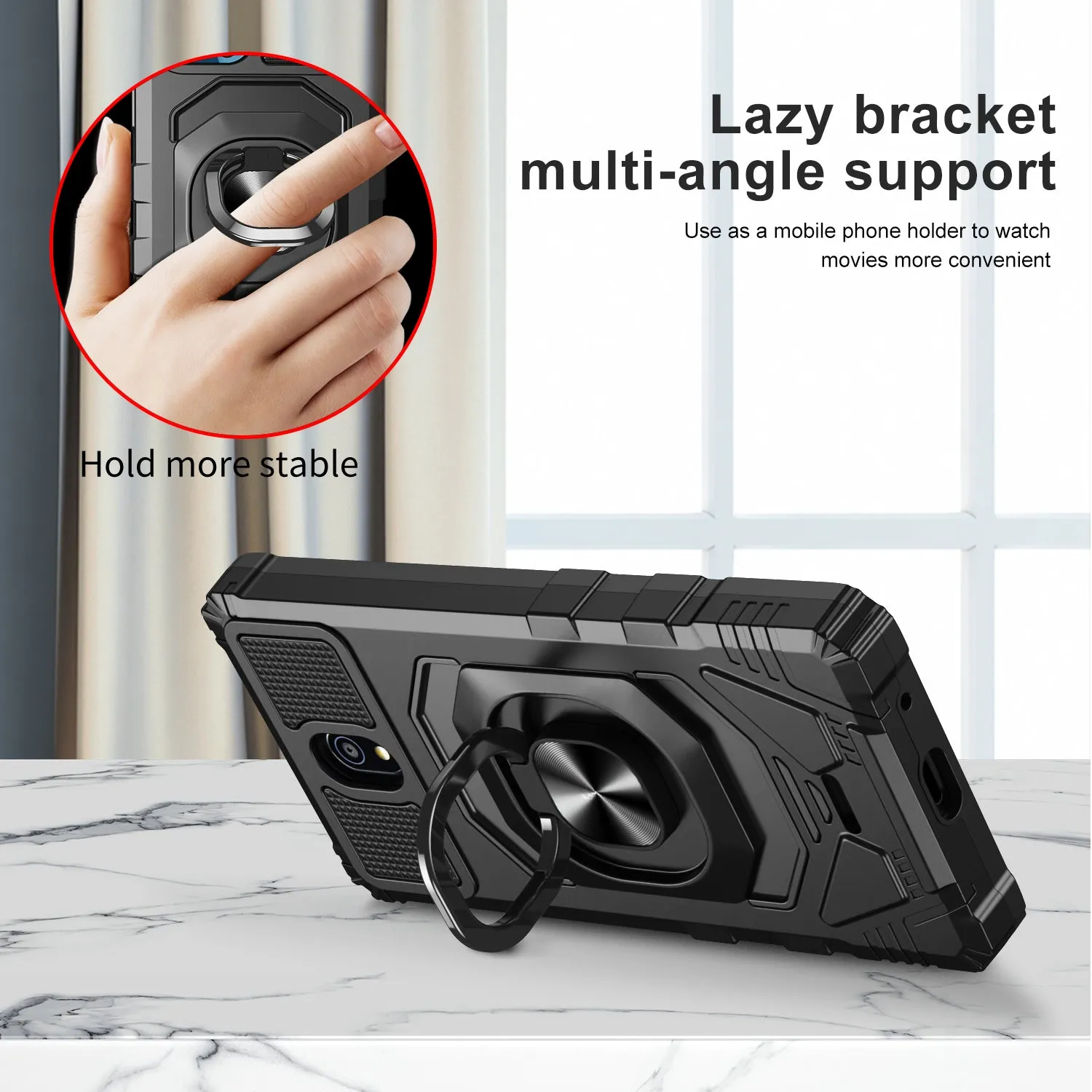 For Nokia C100 Case [Military Grade] Ring Car Mount Kickstand w/[Tempered Glass] Hybrid Hard PC Soft TPU Shockproof Protective Case - Black