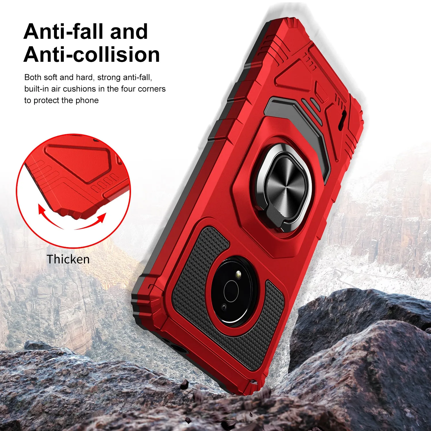 For Nokia C200 Case [Military Grade] Ring Car Mount Kickstand w/[Tempered Glass] Hybrid Hard PC Soft TPU Shockproof Protective Case - Red