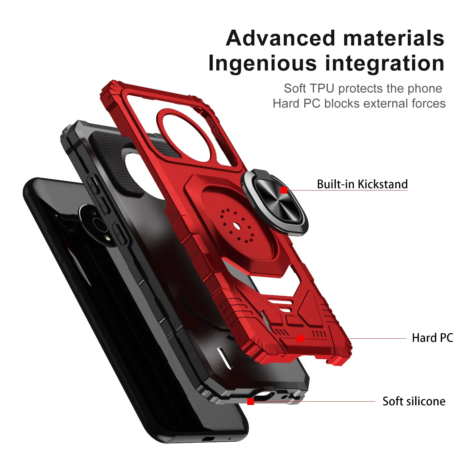 For Nokia C200 Case [Military Grade] Ring Car Mount Kickstand w/[Tempered Glass] Hybrid Hard PC Soft TPU Shockproof Protective Case - Red