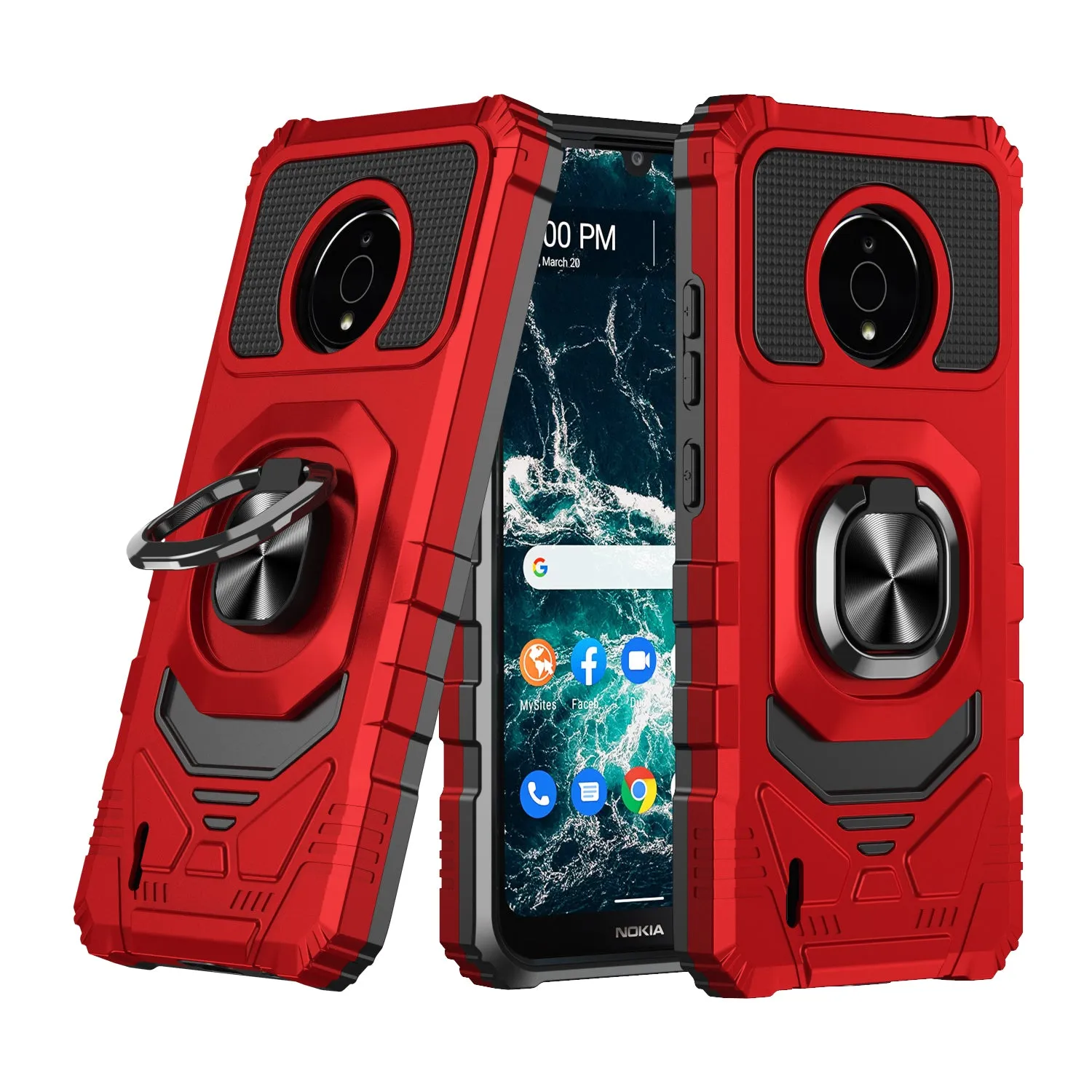 For Nokia C200 Case [Military Grade] Ring Car Mount Kickstand w/[Tempered Glass] Hybrid Hard PC Soft TPU Shockproof Protective Case - Red