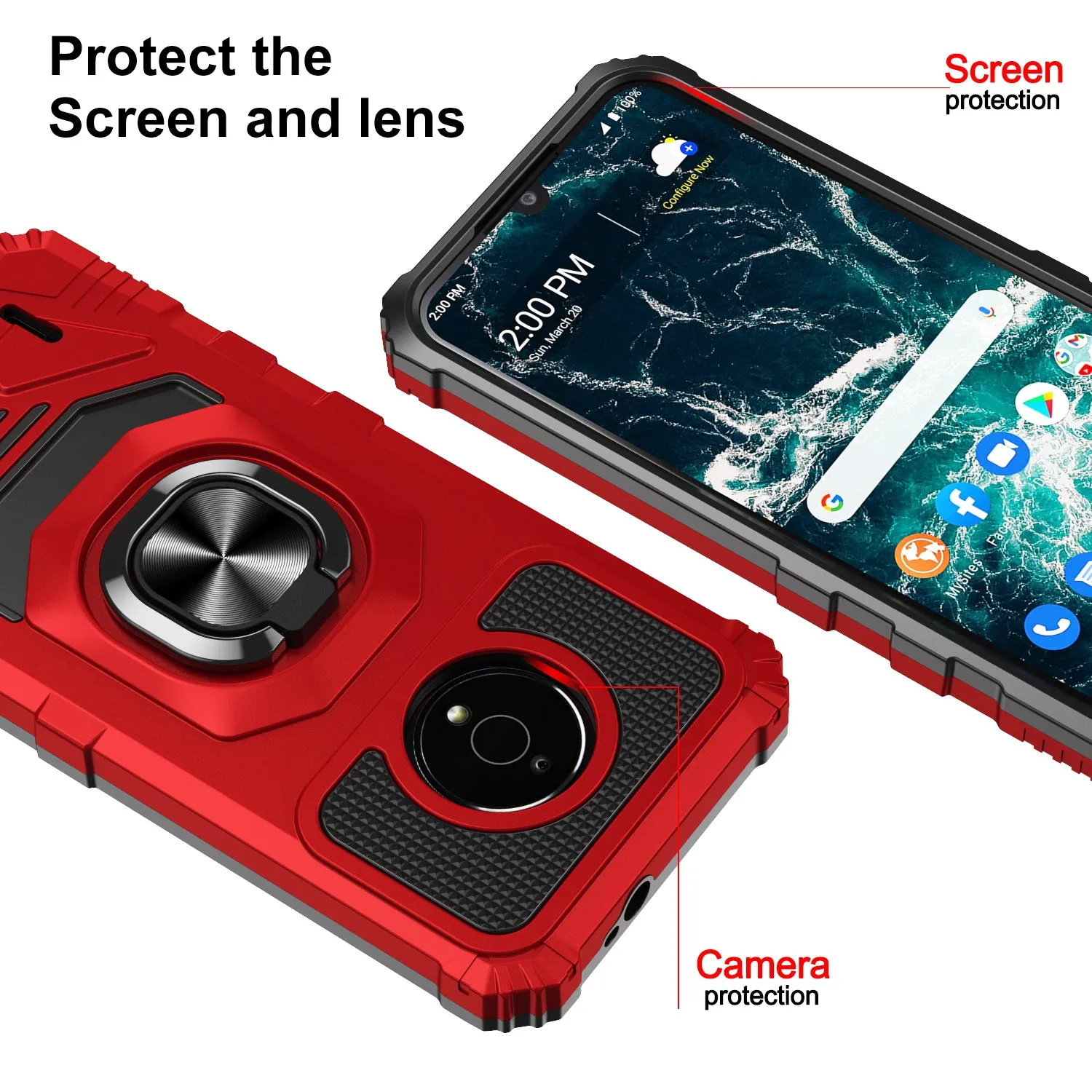 For Nokia C200 Case [Military Grade] Ring Car Mount Kickstand w/[Tempered Glass] Hybrid Hard PC Soft TPU Shockproof Protective Case - Red