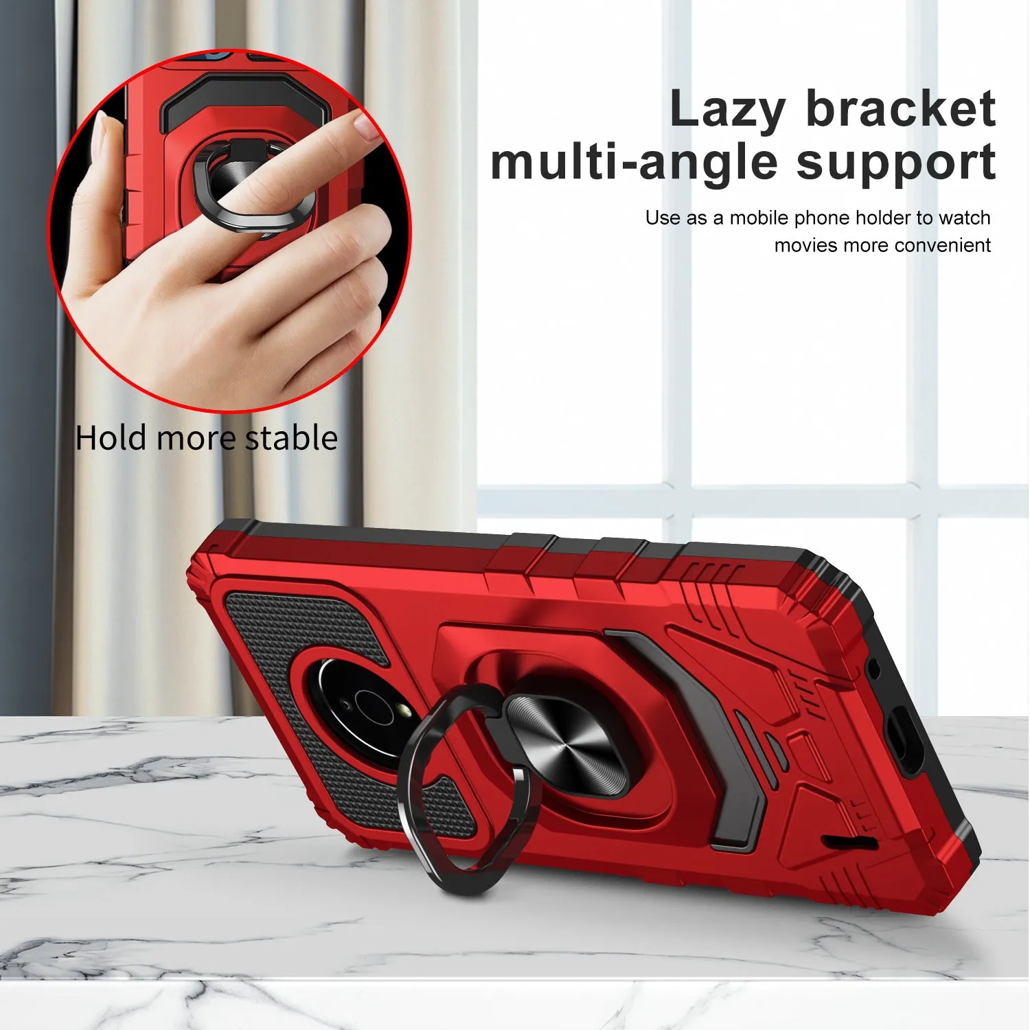 For Nokia C200 Case [Military Grade] Ring Car Mount Kickstand w/[Tempered Glass] Hybrid Hard PC Soft TPU Shockproof Protective Case - Red