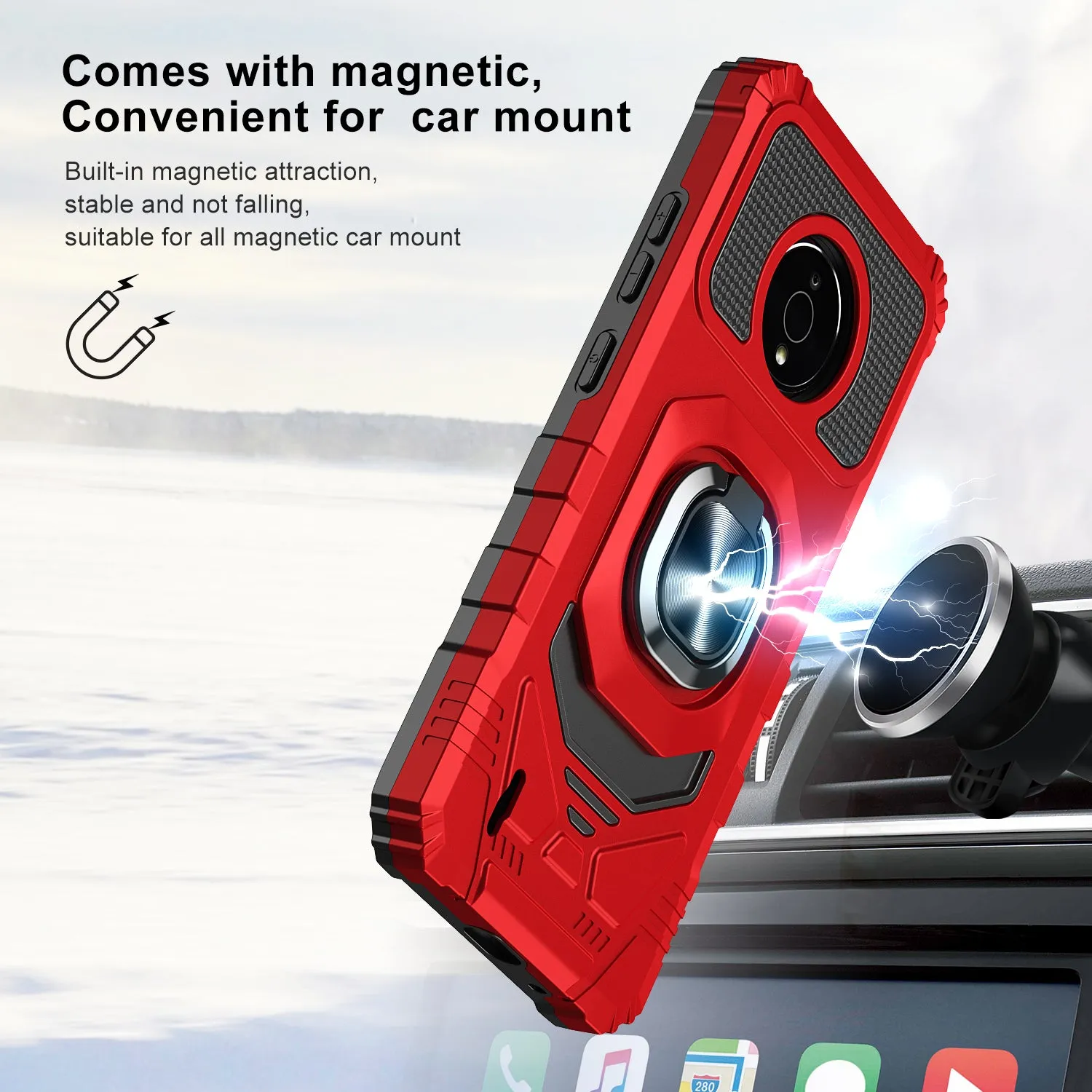 For Nokia C200 Case [Military Grade] Ring Car Mount Kickstand w/[Tempered Glass] Hybrid Hard PC Soft TPU Shockproof Protective Case - Red