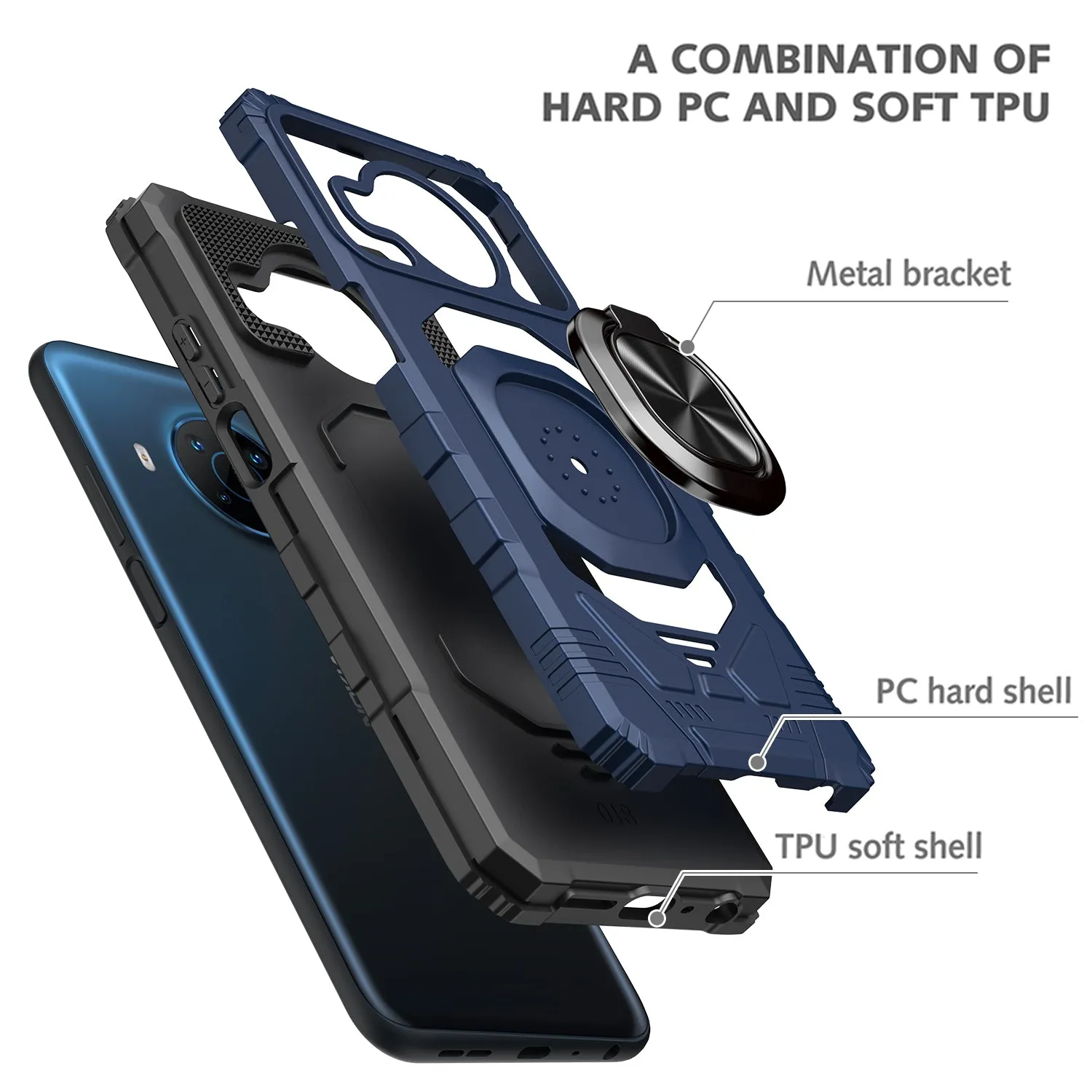 For Nokia X100 Case [Military Grade] Ring Car Mount Kickstand w/[Tempered Glass] Hybrid Hard PC Soft TPU Shockproof Protective Case - Blue