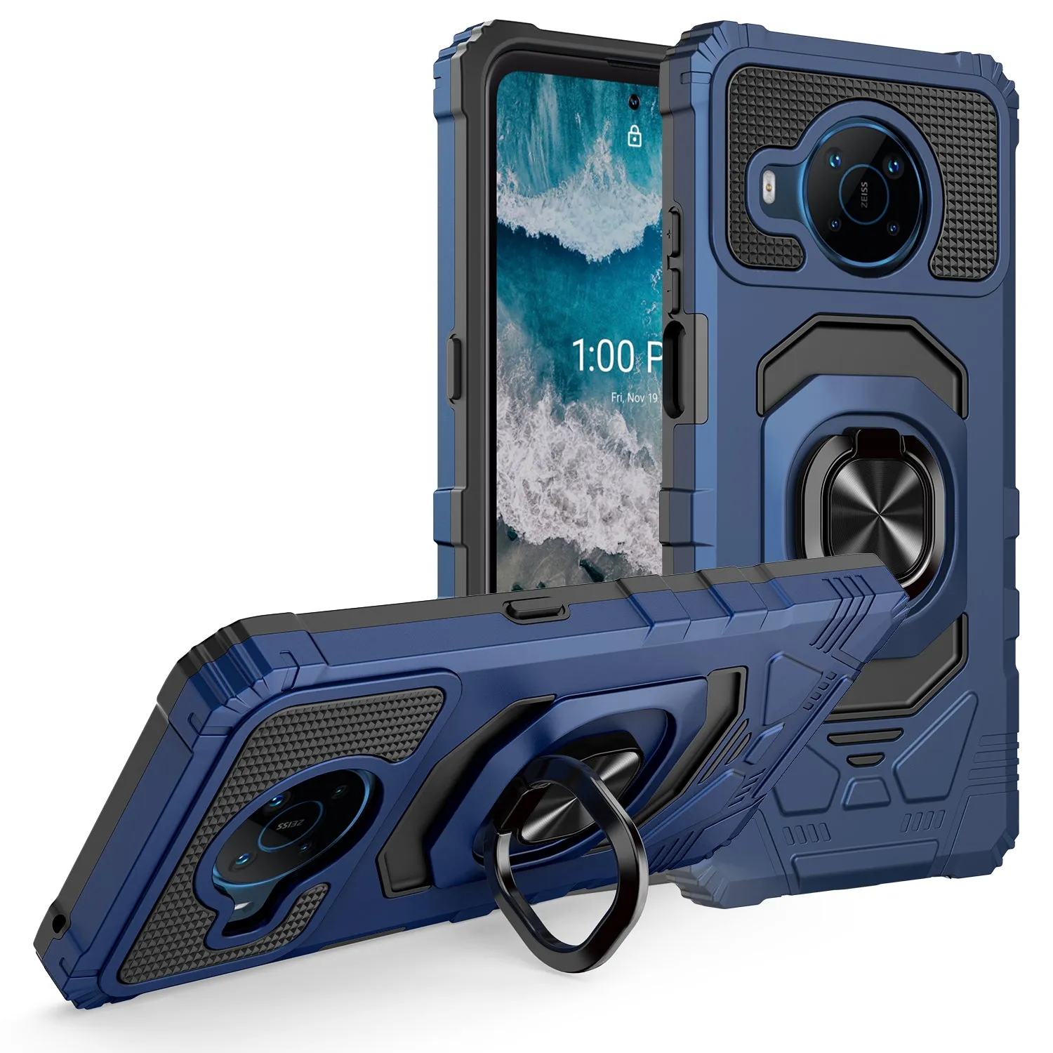 For Nokia X100 Case [Military Grade] Ring Car Mount Kickstand w/[Tempered Glass] Hybrid Hard PC Soft TPU Shockproof Protective Case - Blue