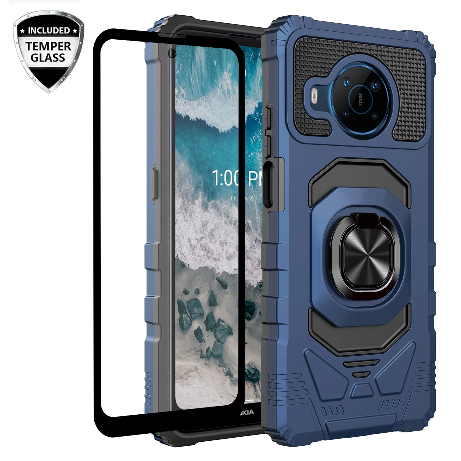 For Nokia X100 Case [Military Grade] Ring Car Mount Kickstand w/[Tempered Glass] Hybrid Hard PC Soft TPU Shockproof Protective Case - Blue