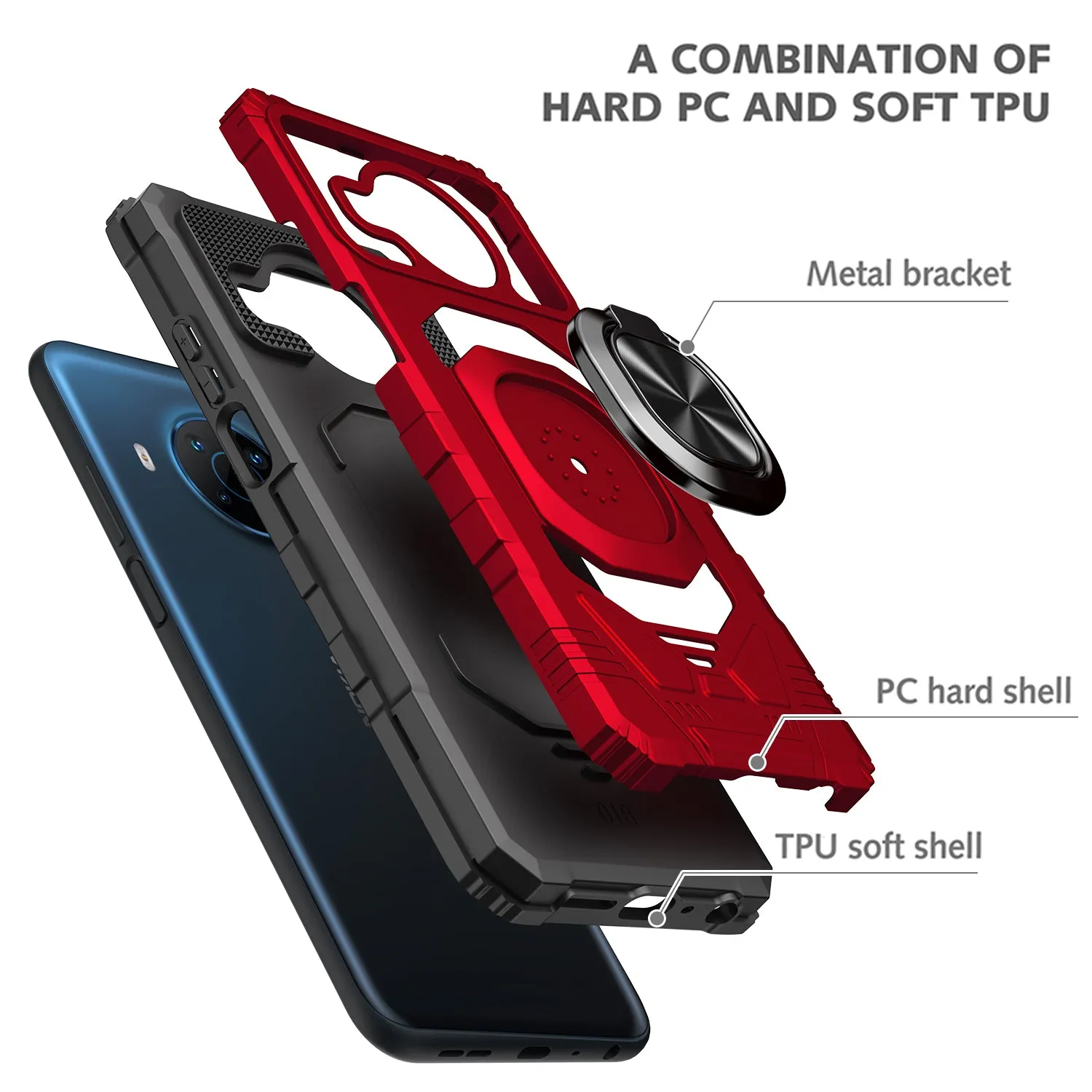 For Nokia X100 Case [Military Grade] Ring Car Mount Kickstand w/[Tempered Glass] Hybrid Hard PC Soft TPU Shockproof Protective Case - Red