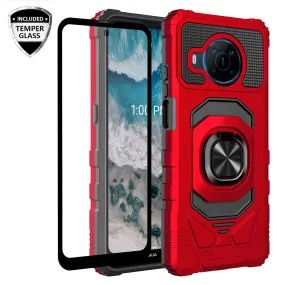 For Nokia X100 Case [Military Grade] Ring Car Mount Kickstand w/[Tempered Glass] Hybrid Hard PC Soft TPU Shockproof Protective Case - Red