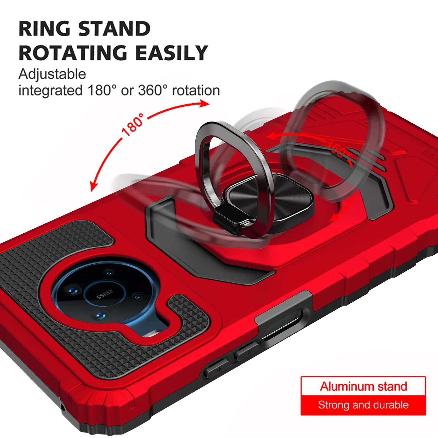 For Nokia X100 Case [Military Grade] Ring Car Mount Kickstand w/[Tempered Glass] Hybrid Hard PC Soft TPU Shockproof Protective Case - Red