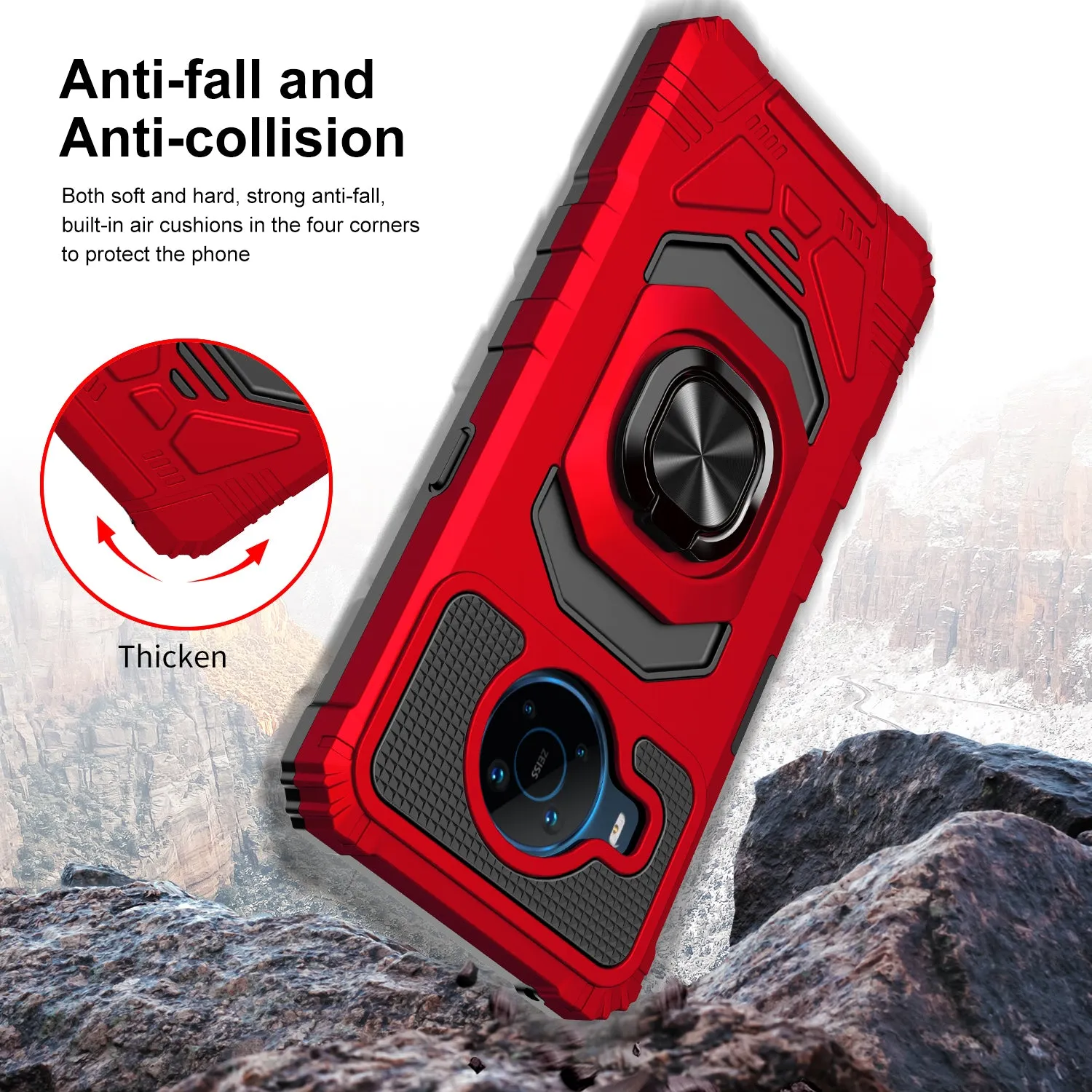 For Nokia X100 Case [Military Grade] Ring Car Mount Kickstand w/[Tempered Glass] Hybrid Hard PC Soft TPU Shockproof Protective Case - Red