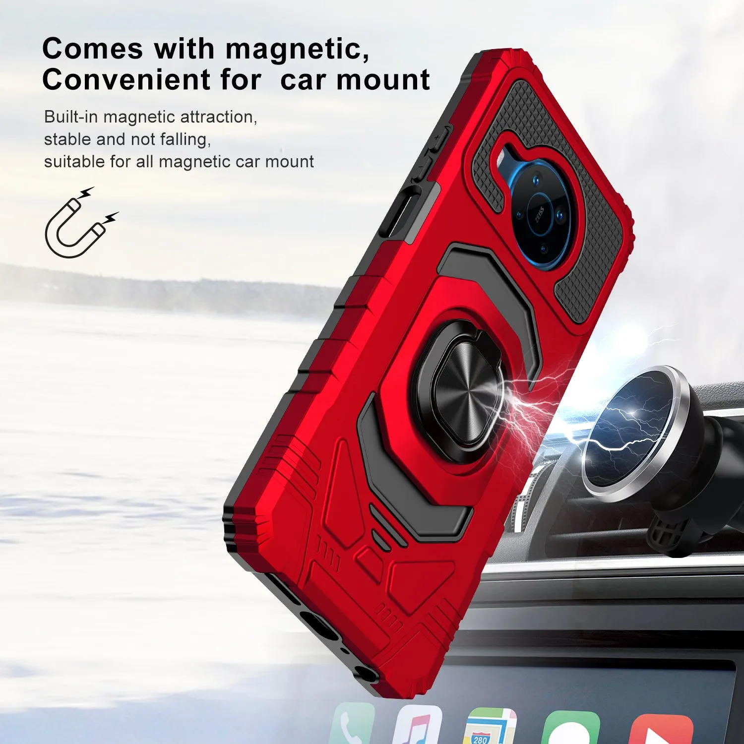 For Nokia X100 Case [Military Grade] Ring Car Mount Kickstand w/[Tempered Glass] Hybrid Hard PC Soft TPU Shockproof Protective Case - Red