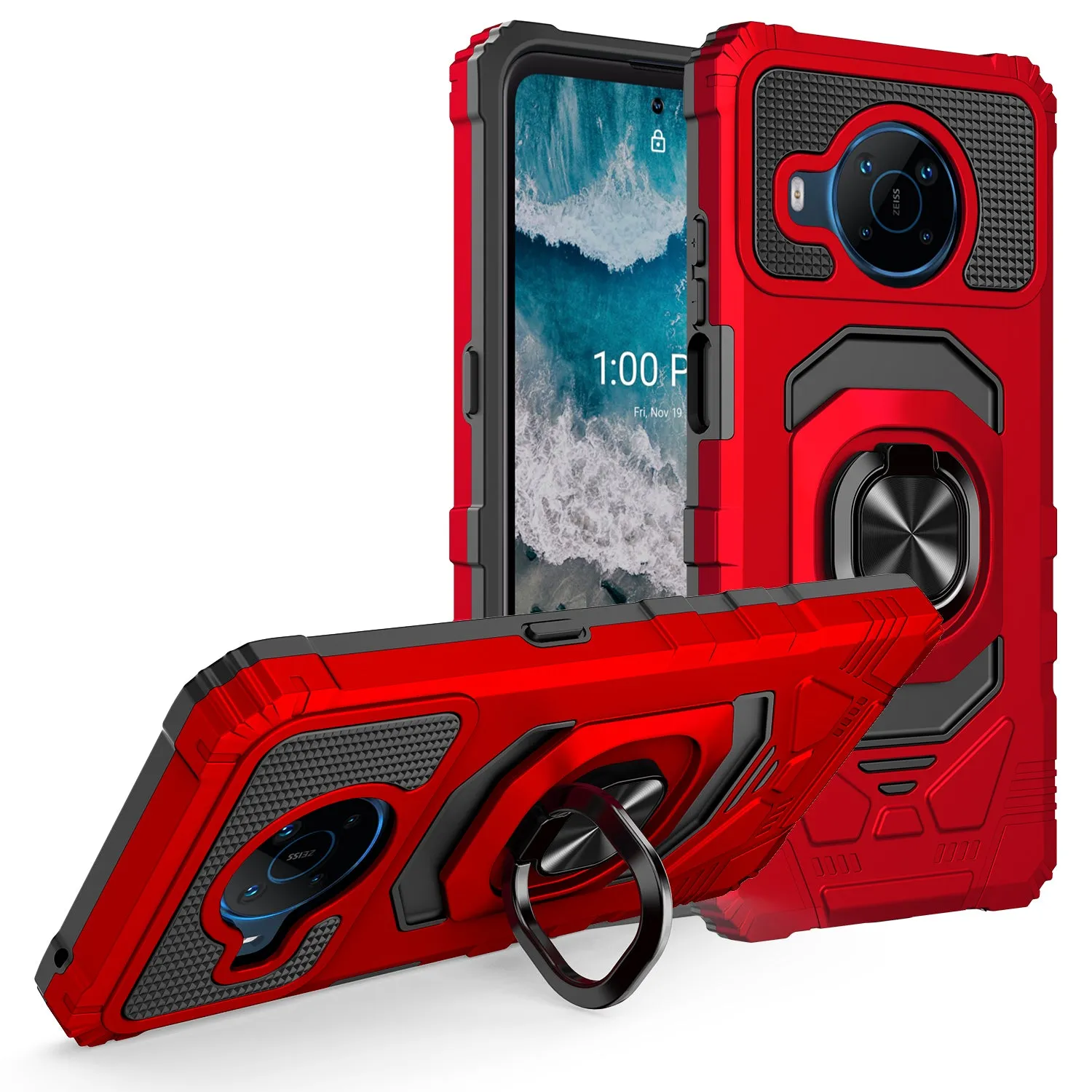 For Nokia X100 Case [Military Grade] Ring Car Mount Kickstand w/[Tempered Glass] Hybrid Hard PC Soft TPU Shockproof Protective Case - Red