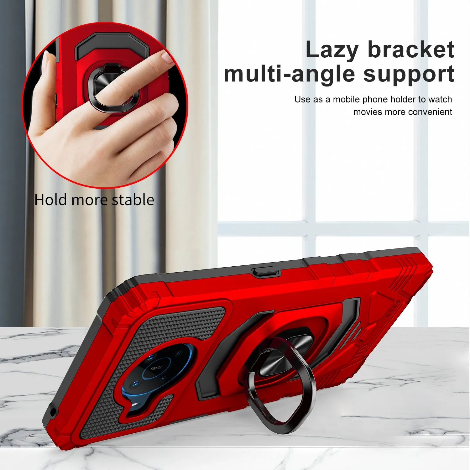 For Nokia X100 Case [Military Grade] Ring Car Mount Kickstand w/[Tempered Glass] Hybrid Hard PC Soft TPU Shockproof Protective Case - Red