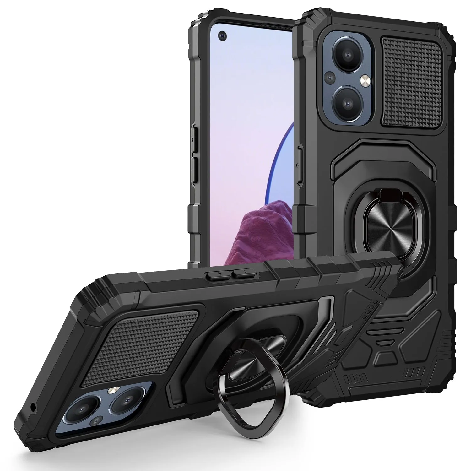 For OnePlus Nord N20 5G Case [Military Grade] Ring Car Mount Kickstand w/[Tempered Glass] Hybrid Hard PC Soft TPU Shockproof Protective Case - Blacl