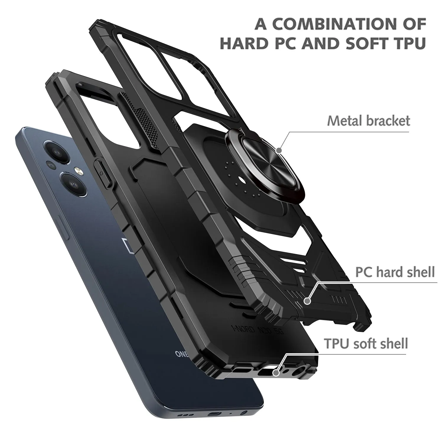 For OnePlus Nord N20 5G Case [Military Grade] Ring Car Mount Kickstand w/[Tempered Glass] Hybrid Hard PC Soft TPU Shockproof Protective Case - Blacl