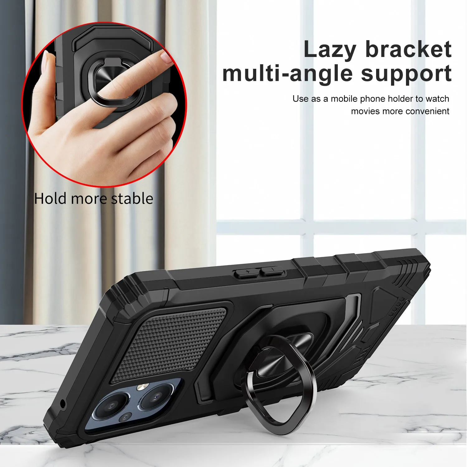 For OnePlus Nord N20 5G Case [Military Grade] Ring Car Mount Kickstand w/[Tempered Glass] Hybrid Hard PC Soft TPU Shockproof Protective Case - Blacl