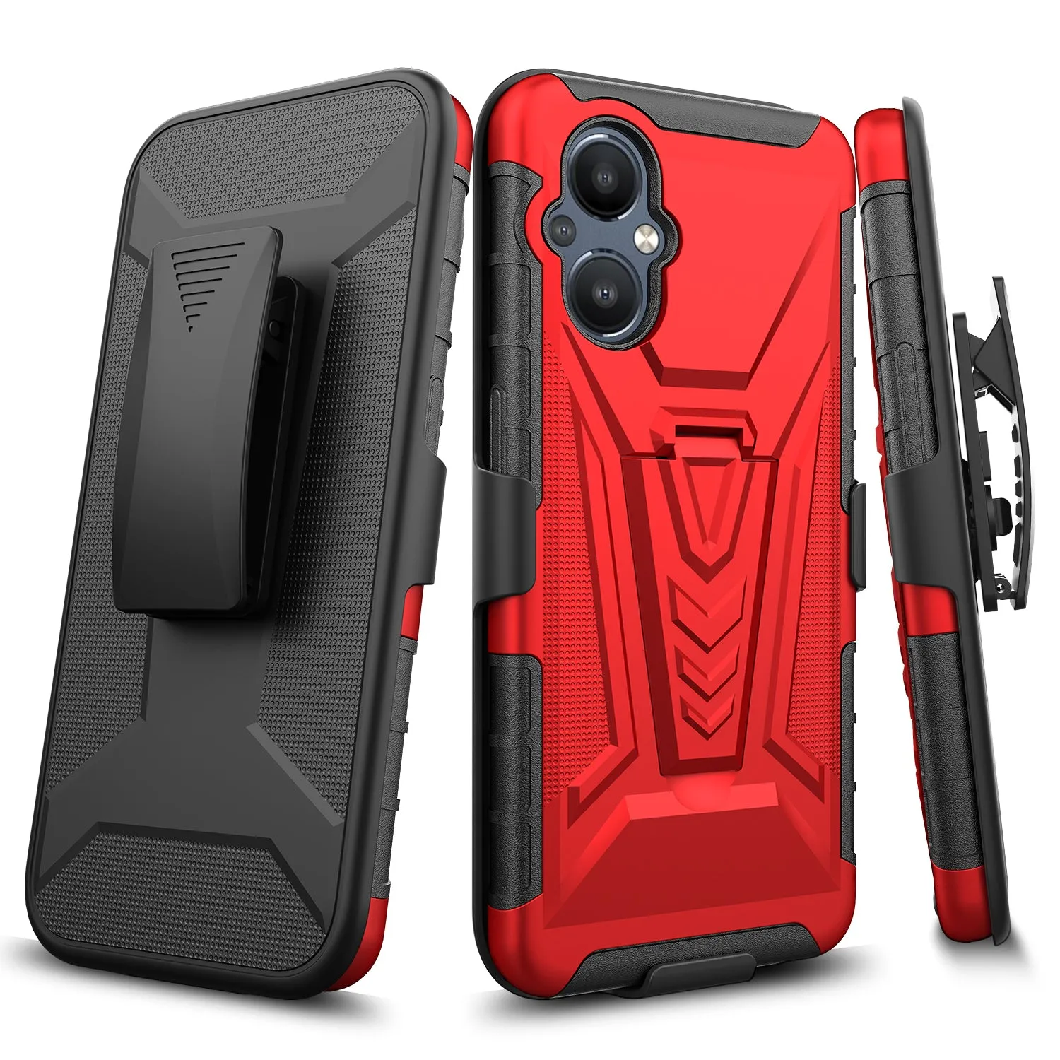 For OnePlus Nord N20 5G Case with Tempered Glass Screen Protector Heavy Duty Protective Phone Case,Built-in Kickstand Rugged Shockproof Protective Phone Case - Red