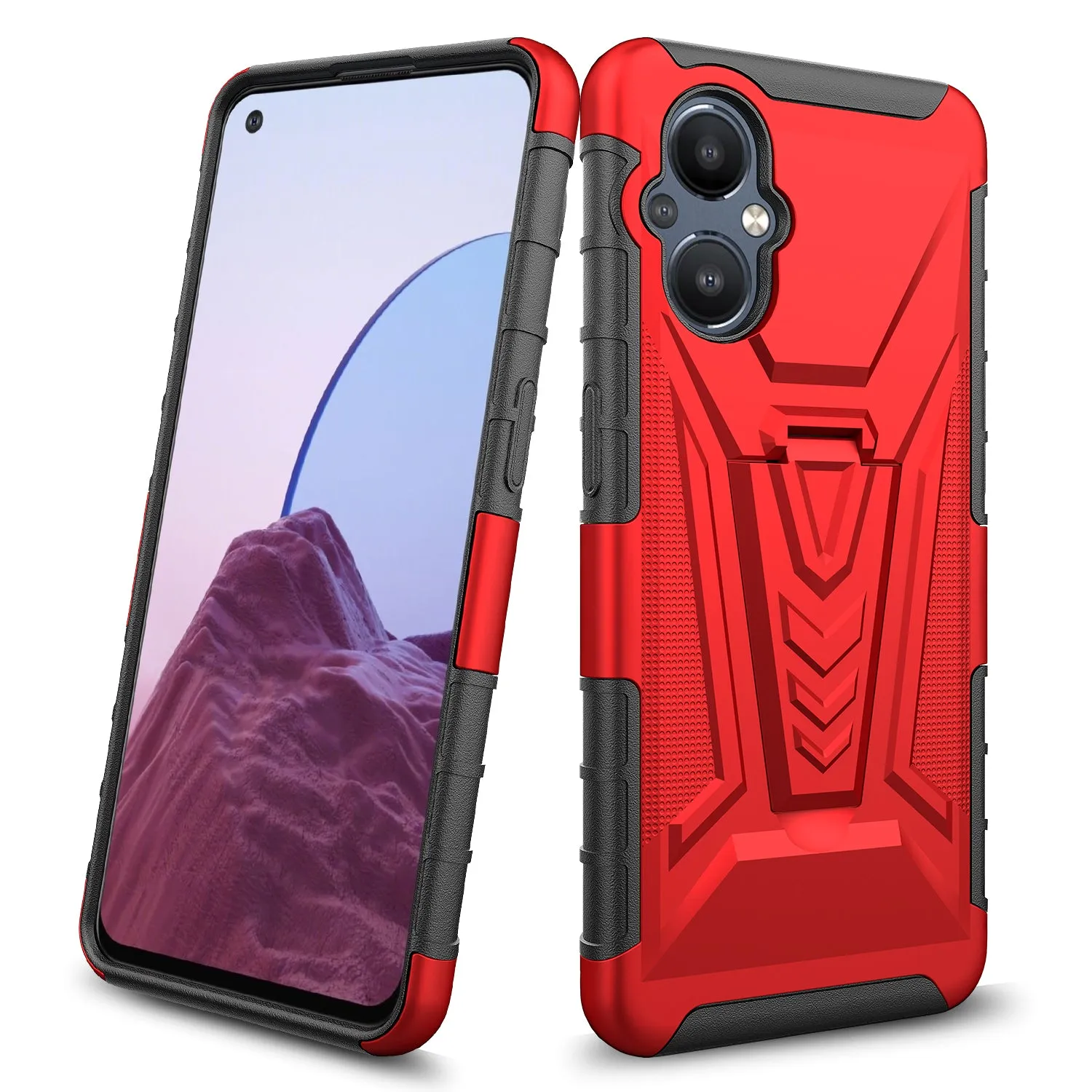 For OnePlus Nord N20 5G Case with Tempered Glass Screen Protector Heavy Duty Protective Phone Case,Built-in Kickstand Rugged Shockproof Protective Phone Case - Red