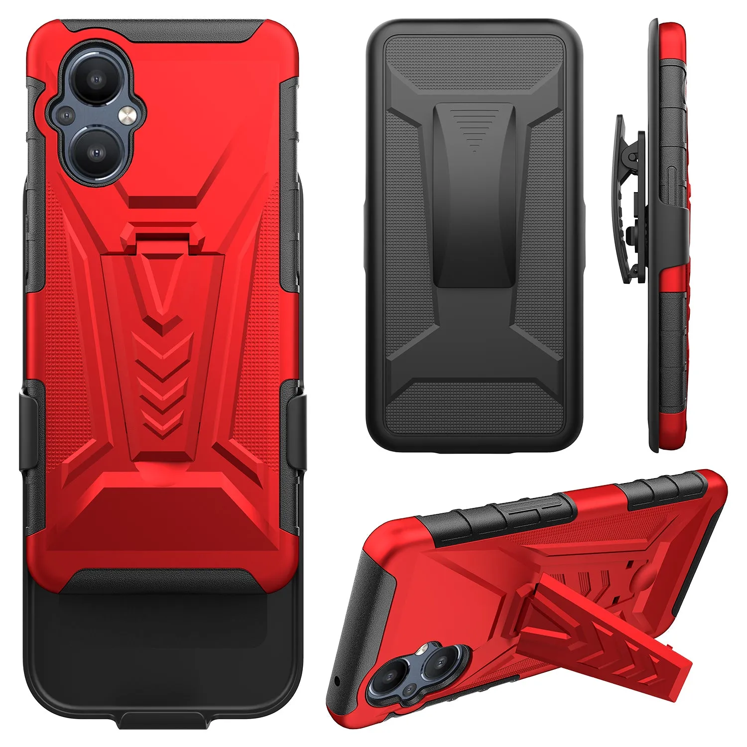 For OnePlus Nord N20 5G Case with Tempered Glass Screen Protector Heavy Duty Protective Phone Case,Built-in Kickstand Rugged Shockproof Protective Phone Case - Red