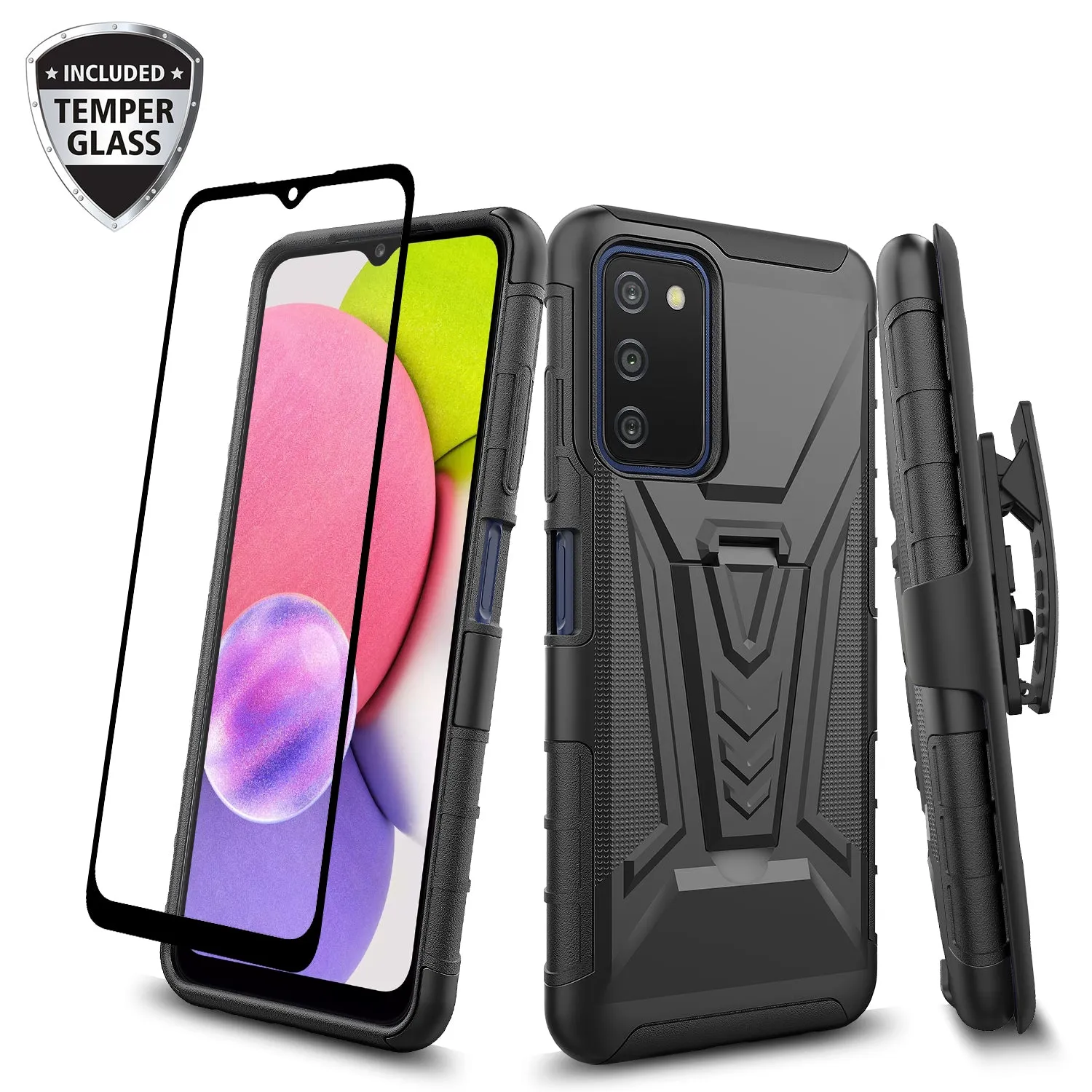 For Samsung Galaxy A03s Case with Tempered Glass Screen Protector Heavy Duty Protective Phone Case,Built-in Kickstand Rugged Shockproof Protective Phone Case - Black