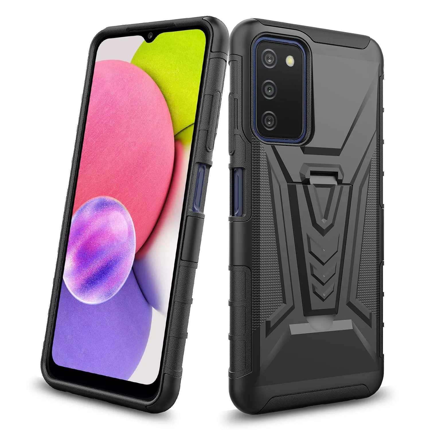 For Samsung Galaxy A03s Case with Tempered Glass Screen Protector Heavy Duty Protective Phone Case,Built-in Kickstand Rugged Shockproof Protective Phone Case - Black