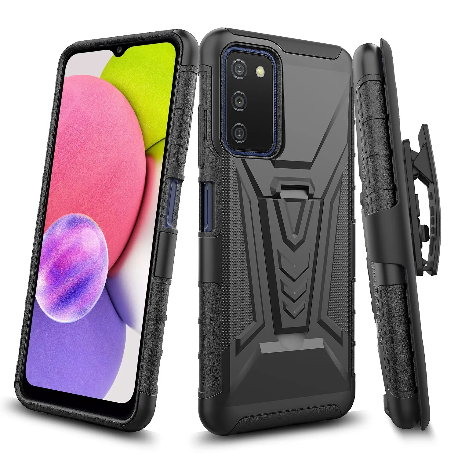 For Samsung Galaxy A03s Case with Tempered Glass Screen Protector Heavy Duty Protective Phone Case,Built-in Kickstand Rugged Shockproof Protective Phone Case - Black