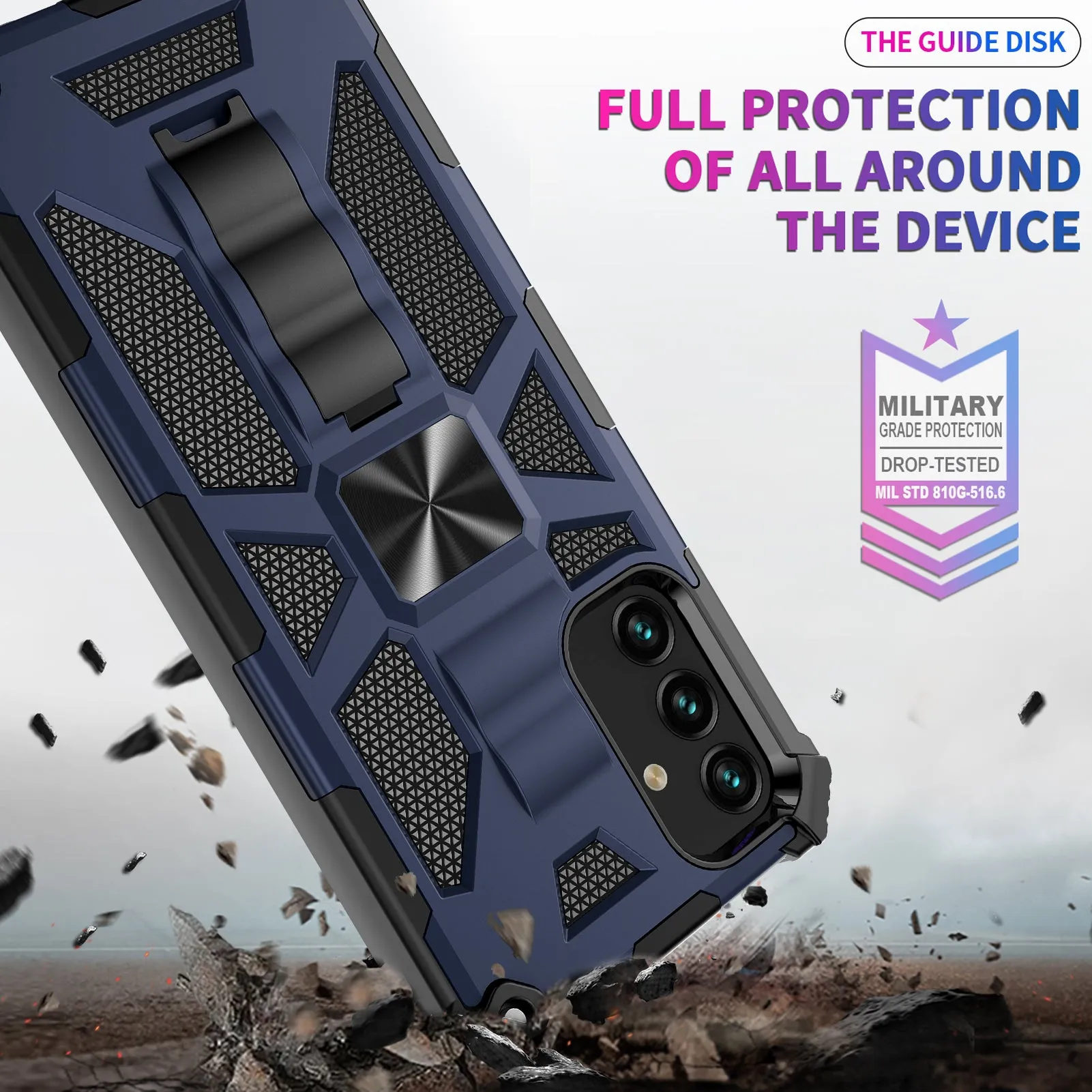 For Samsung Galaxy A13 5G Case [Military Grade] Ring Car Mount Kickstand w/[Tempered Glass] Hybrid Hard PC Soft TPU Shockproof Protective Case - Blue