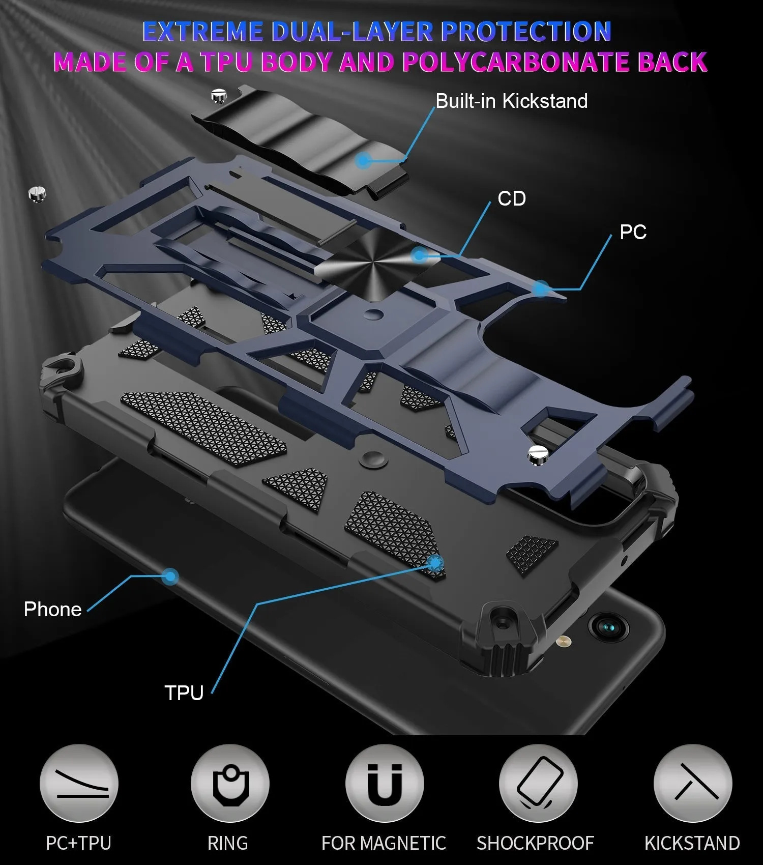 For Samsung Galaxy A14 5G Case [Military Grade] Ring Car Mount Kickstand w/[Tempered Glass] Hybrid Hard PC Soft TPU Shockproof Protective Case - Rainbow Camo