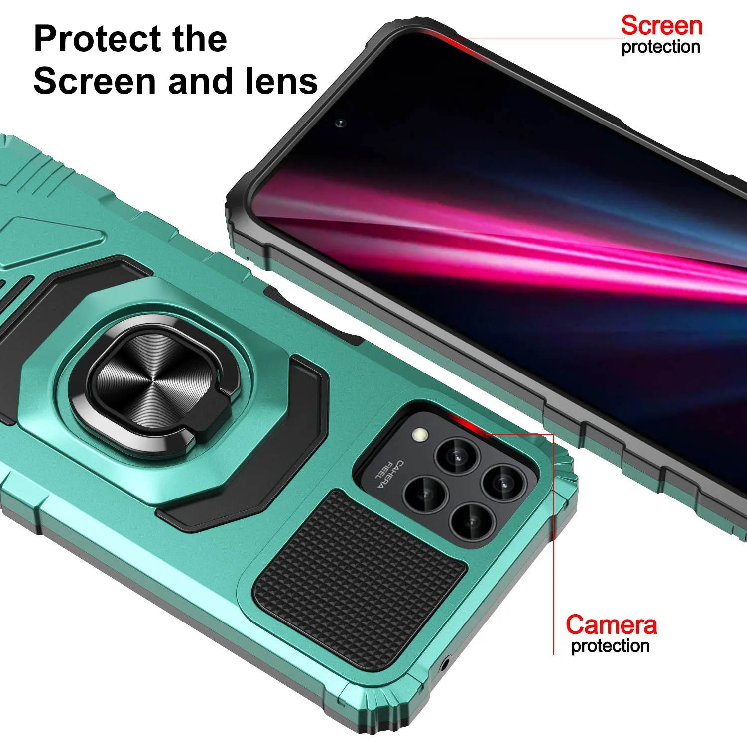 For T-Mobile REVVL 6 Pro 5G Case [Military Grade] Ring Car Mount Kickstand w/[Tempered Glass] Hybrid Hard PC Soft TPU Shockproof Protective Case - Teal