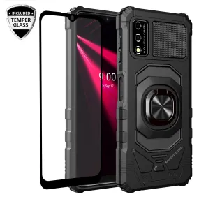 For T-Mobile REVVL V Case [Military Grade] Ring Car Mount Kickstand w/[Tempered Glass] Hybrid Hard PC Soft TPU Shockproof Protective Case - Black