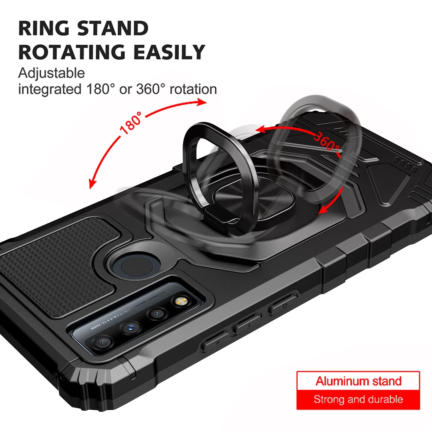 For TCL 20 A 5G / 4X 5G Case [Military Grade] Ring Car Mount Kickstand w/[Tempered Glass] Hybrid Hard PC Soft TPU Shockproof Protective Case - Black