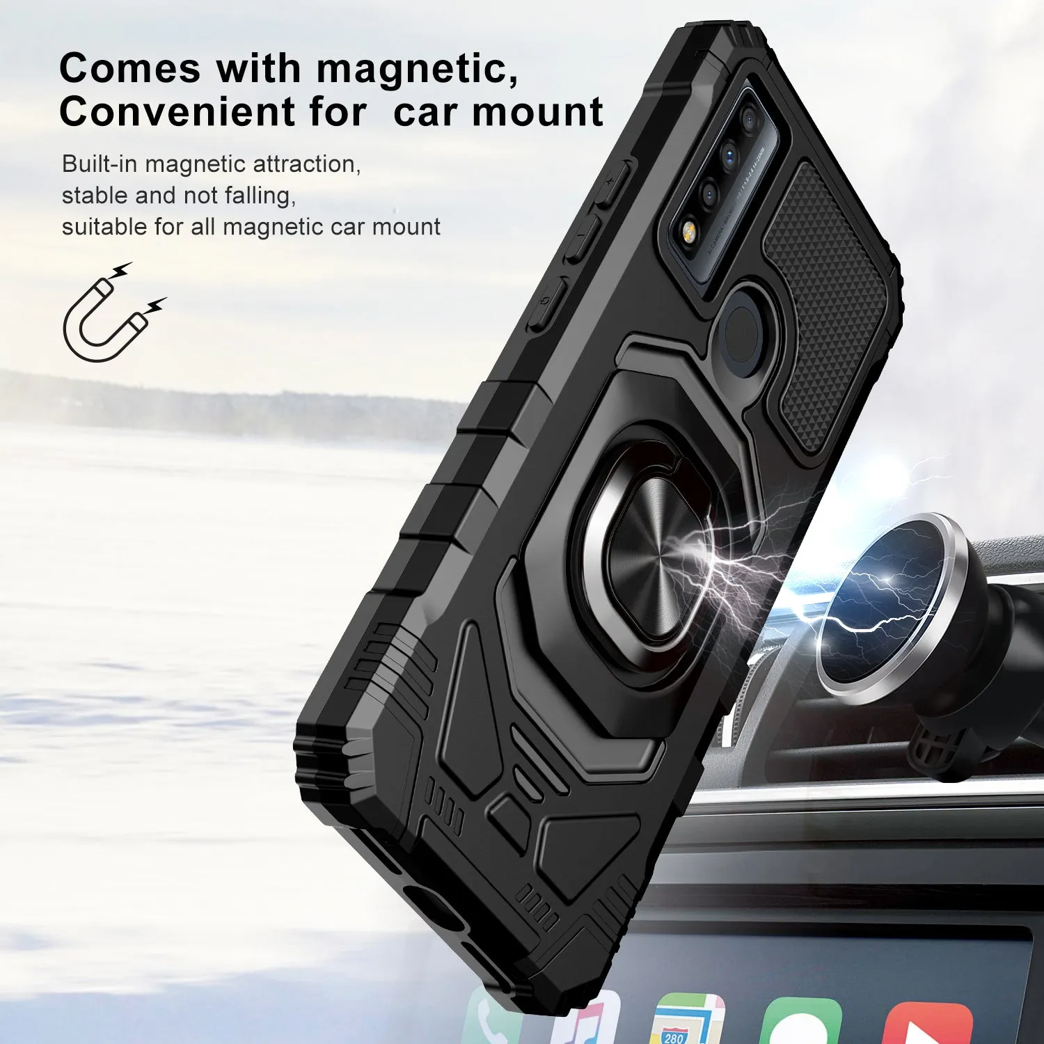 For TCL 20 A 5G / 4X 5G Case [Military Grade] Ring Car Mount Kickstand w/[Tempered Glass] Hybrid Hard PC Soft TPU Shockproof Protective Case - Black