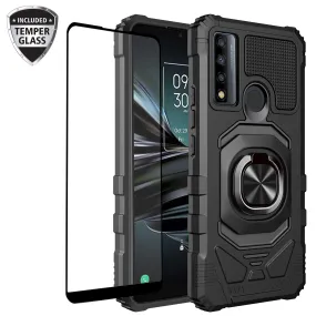 For TCL 20 A 5G / 4X 5G Case [Military Grade] Ring Car Mount Kickstand w/[Tempered Glass] Hybrid Hard PC Soft TPU Shockproof Protective Case - Black