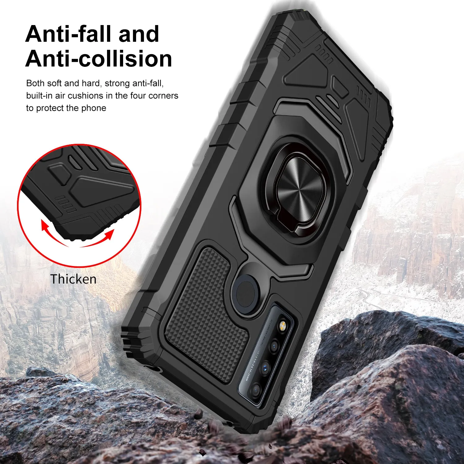 For TCL 20 A 5G / 4X 5G Case [Military Grade] Ring Car Mount Kickstand w/[Tempered Glass] Hybrid Hard PC Soft TPU Shockproof Protective Case - Black