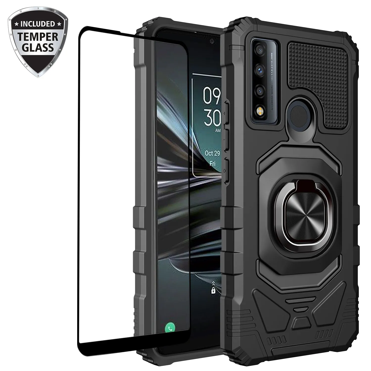 For TCL 20 A 5G / 4X 5G Case [Military Grade] Ring Car Mount Kickstand w/[Tempered Glass] Hybrid Hard PC Soft TPU Shockproof Protective Case - Black