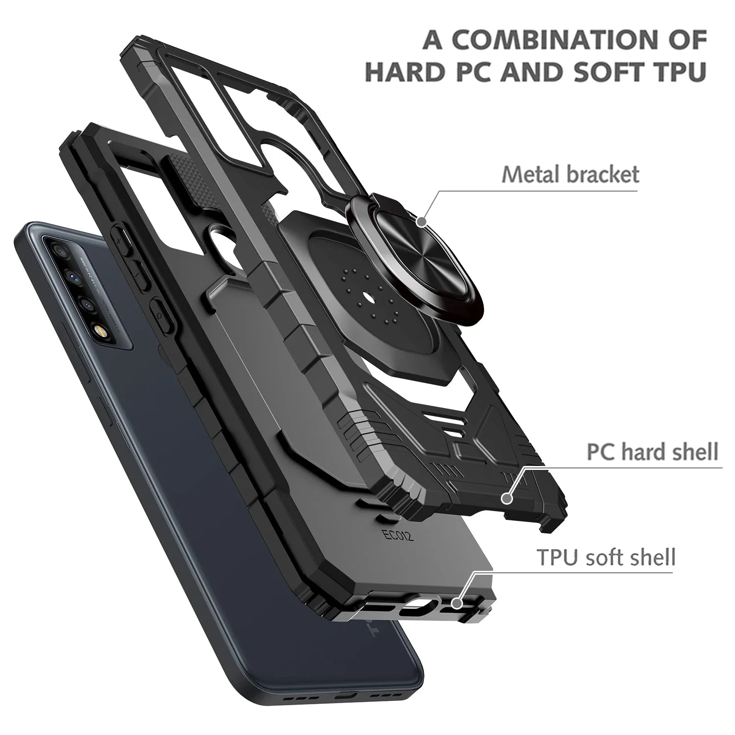 For TCL 20 A 5G / 4X 5G Case [Military Grade] Ring Car Mount Kickstand w/[Tempered Glass] Hybrid Hard PC Soft TPU Shockproof Protective Case - Black