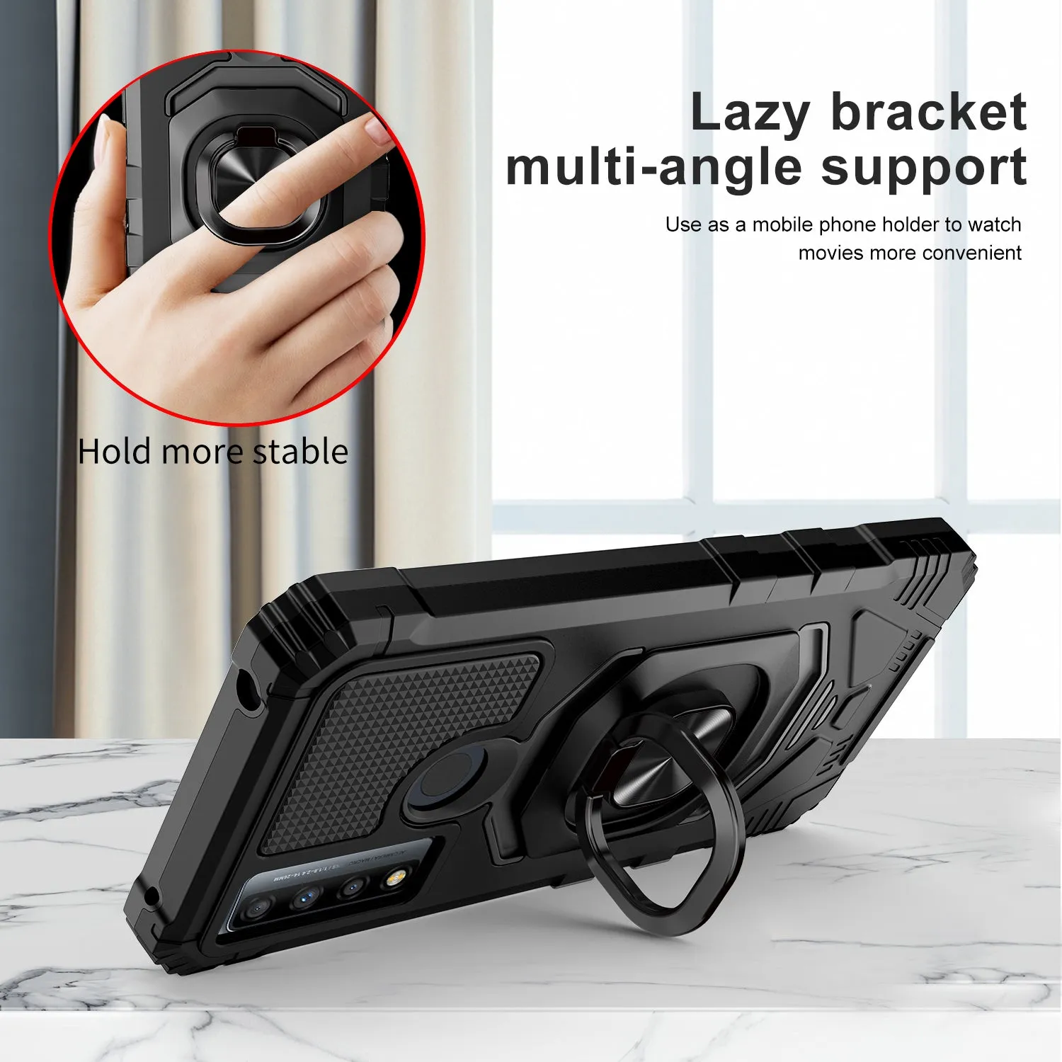 For TCL 20 A 5G / 4X 5G Case [Military Grade] Ring Car Mount Kickstand w/[Tempered Glass] Hybrid Hard PC Soft TPU Shockproof Protective Case - Black