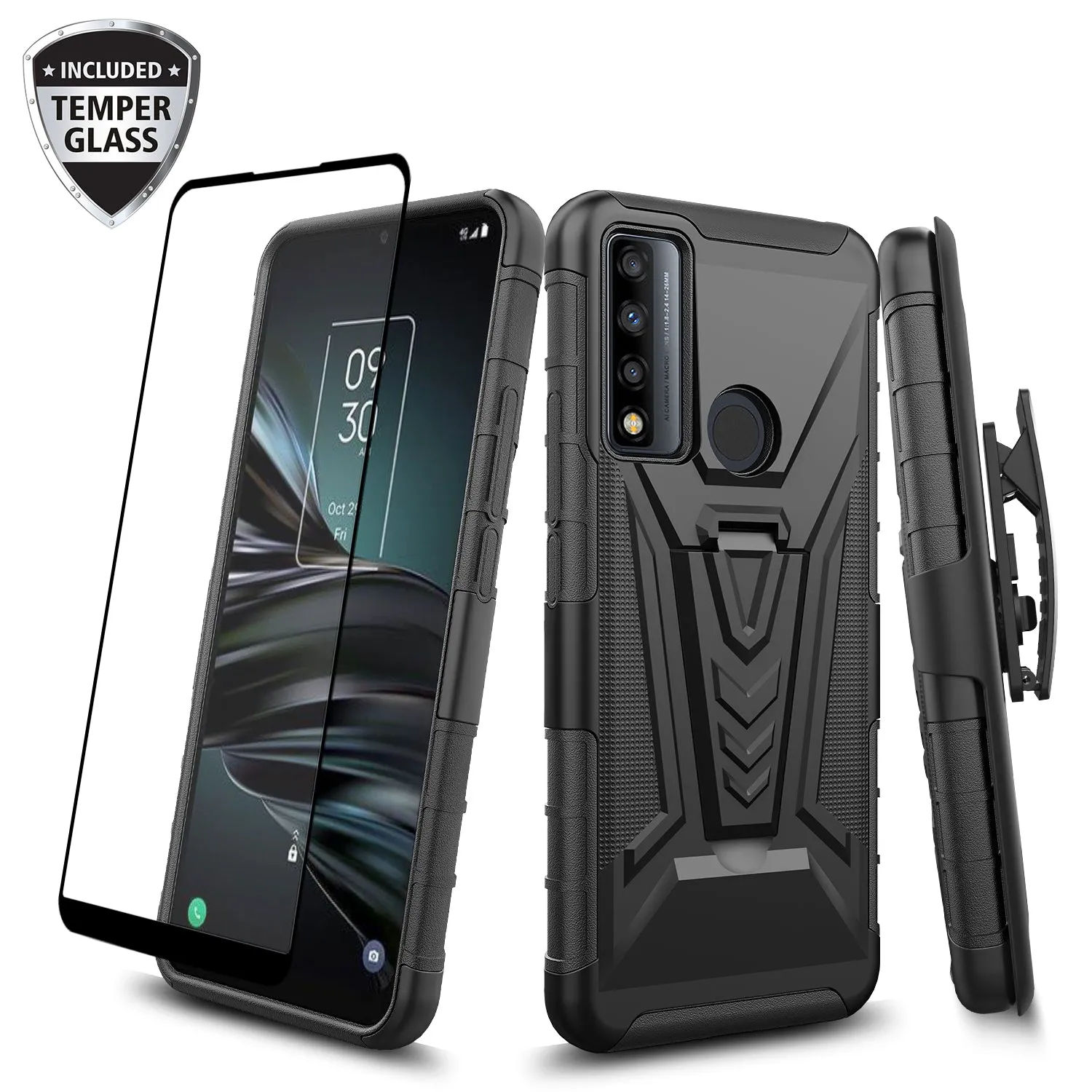 For TCL 20 A 5G / 4X 5G Case with Tempered Glass Screen Protector Heavy Duty Protective Phone Case,Built-in Kickstand Rugged Shockproof Protective Phone Case - Black