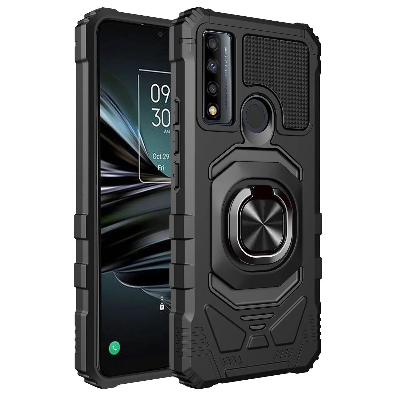 For TCL 20 XE Case [Military Grade] Ring Car Mount Kickstand w/[Tempered Glass] Hybrid Hard PC Soft TPU Shockproof Protective Case - Black