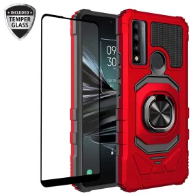 For TCL 20 XE Case [Military Grade] Ring Car Mount Kickstand w/[Tempered Glass] Hybrid Hard PC Soft TPU Shockproof Protective Case - Red