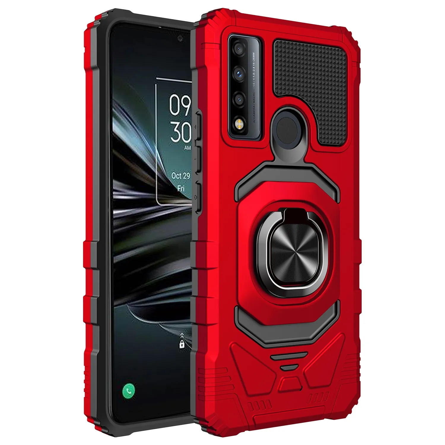 For TCL 20 XE Case [Military Grade] Ring Car Mount Kickstand w/[Tempered Glass] Hybrid Hard PC Soft TPU Shockproof Protective Case - Red