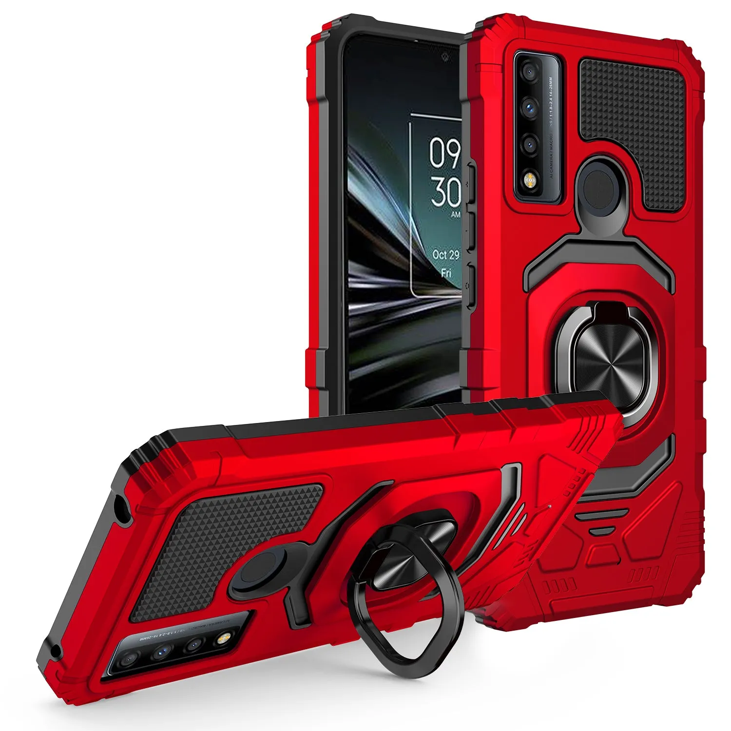 For TCL 20 XE Case [Military Grade] Ring Car Mount Kickstand w/[Tempered Glass] Hybrid Hard PC Soft TPU Shockproof Protective Case - Red